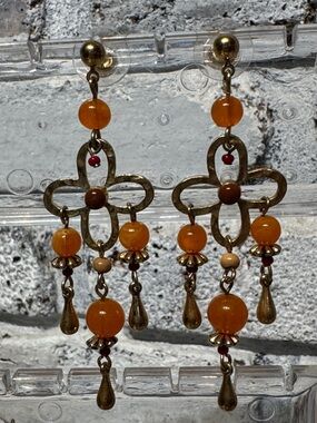 Boho Orange Bead Dangle Chandelier Statement Earrings